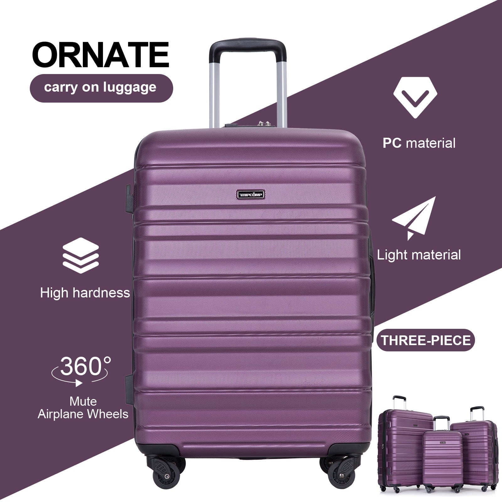 Tripcomp Hardside Luggage Set 3 - Piece Set (21/25/29) Lightweight Suitcase 4 - Wheeled Suitcase Set(Purple)