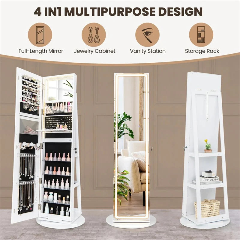360° Swivel Jewelry Cabinet Armoire w/ Full Length Mirror 3-Color LED Lights & Rear Shelves, Lockable Standing Jewelry Storage Organizer