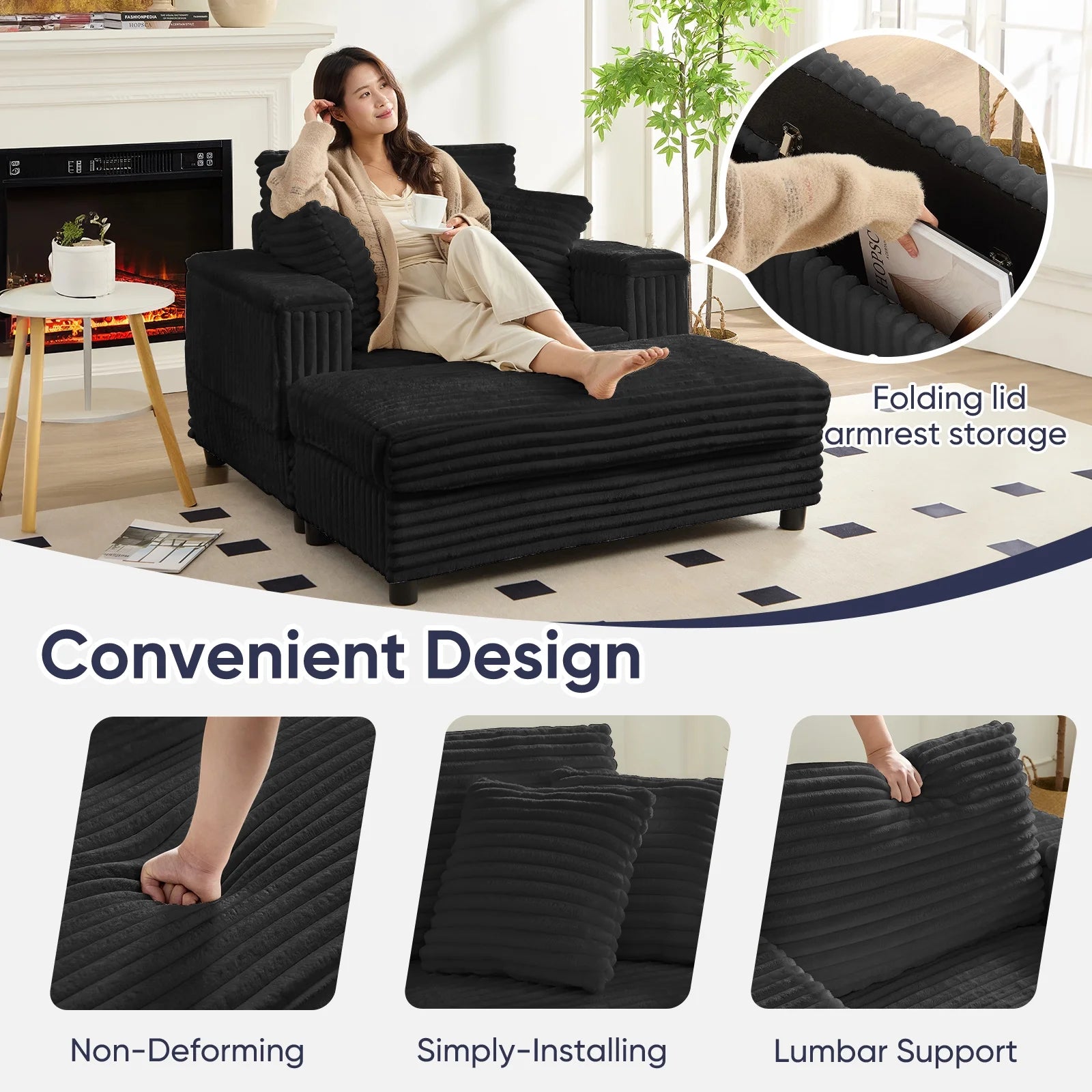 ZAFLY 44" Modern Corduroy Accent Armchair with Storage Ottoman for Living Room, Black