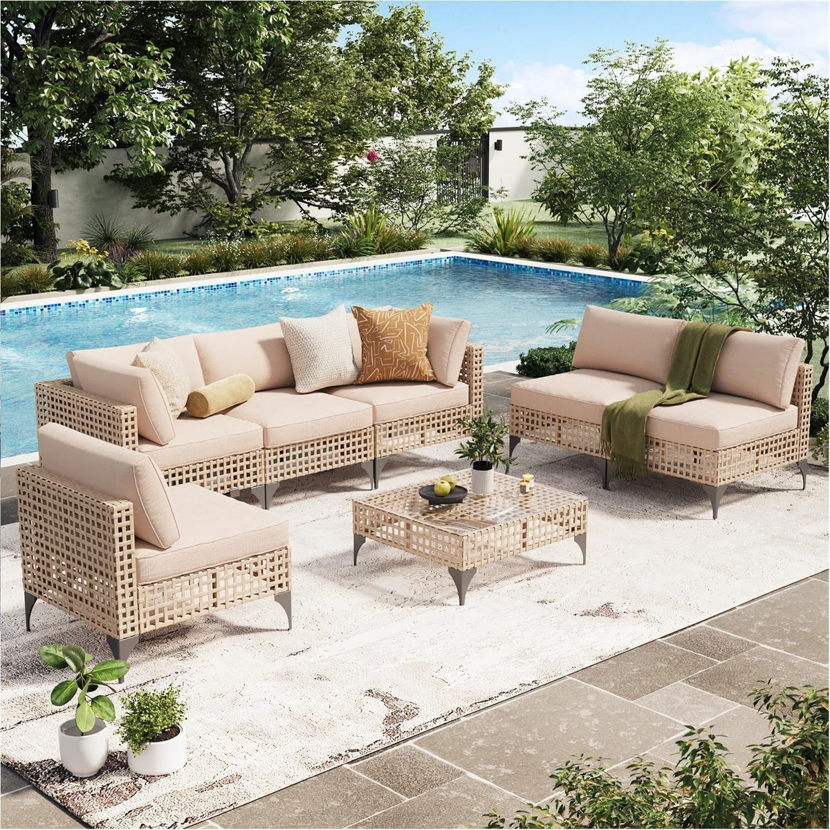 AECOJOY 7-Piece Patio Outdoor Furniture Set, Boho Outdoor Sectional Set, Light Brown&Beige
