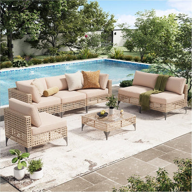 AECOJOY 7-Piece Patio Outdoor Furniture Set, Boho Outdoor Sectional Set, Light Brown&Beige