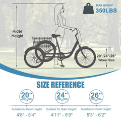 MOPHOTO Adult Tricycle 20/24/26 in 3 Wheel Bicycle, 3 Wheel Bikes for Adults, 7 Speed Low Stepover Frame Tricycle with Basket/Bell, 3 Wheel Bicycle for Seniors, Women, Men