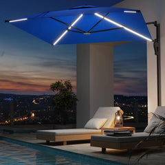 AECOJOY 10FT Large Patio Umbrella with Solar Lights, Rectangle Wall Mounted Outdoor Patio Umbrella, Blue