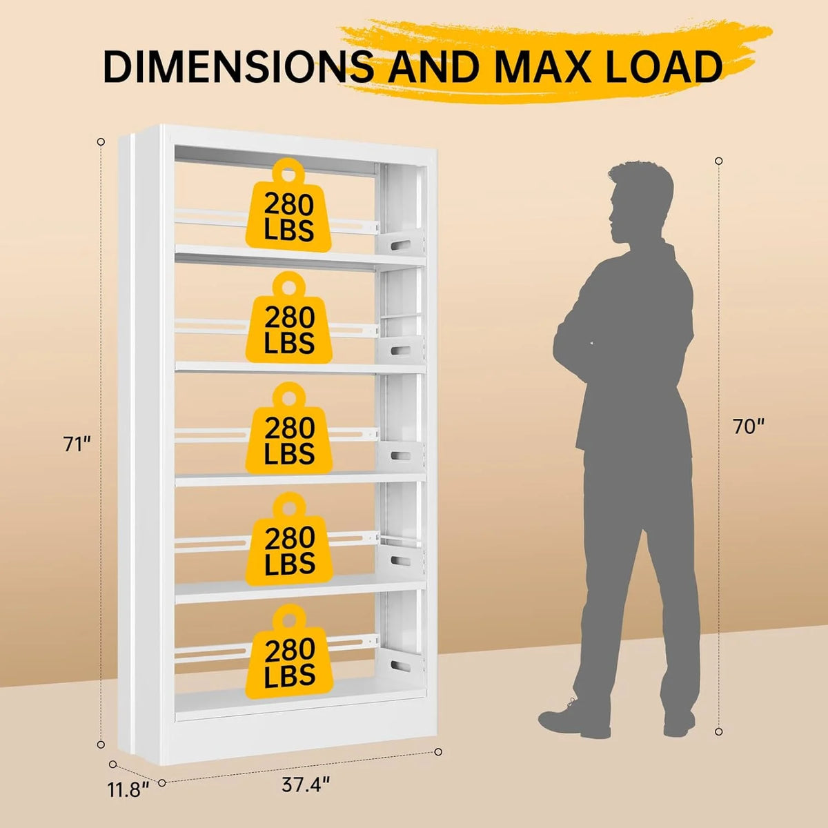 5 Tier White Metal Bookshelf, 71" H Bookcase with Adjustable Shelves, Heavy Duty Storage Bookshelves Tall Bookcase for Library, Office, Bedroom, Living Room, Classroom, Including Book Stopper(White)