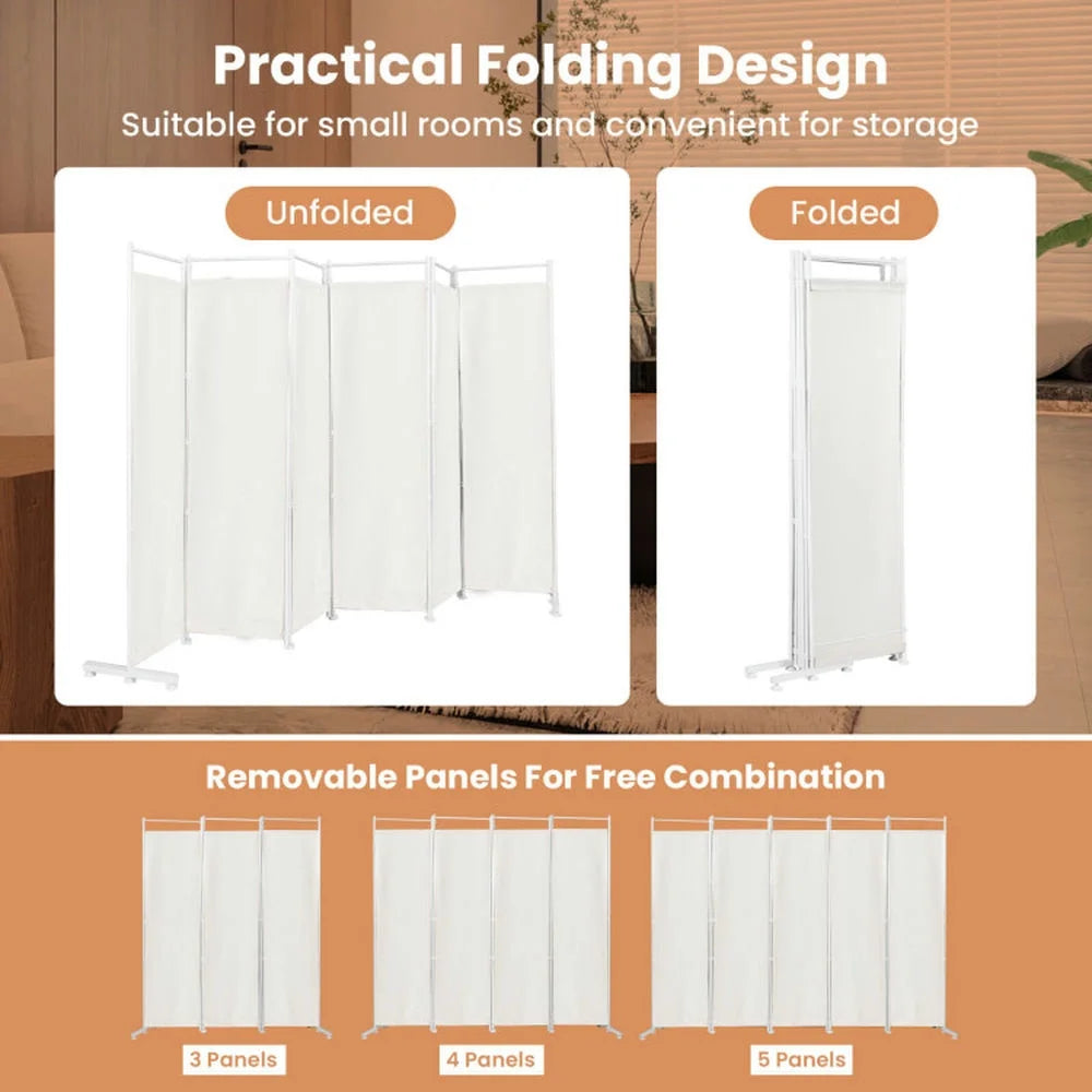 Spaco 6 - Panel Room Divider Folding Privacy Screen, Privacy Screen with 7 Large Adjustable Foot Pads and 2 Support Tubes, Room Divider for Indoor As Home, White