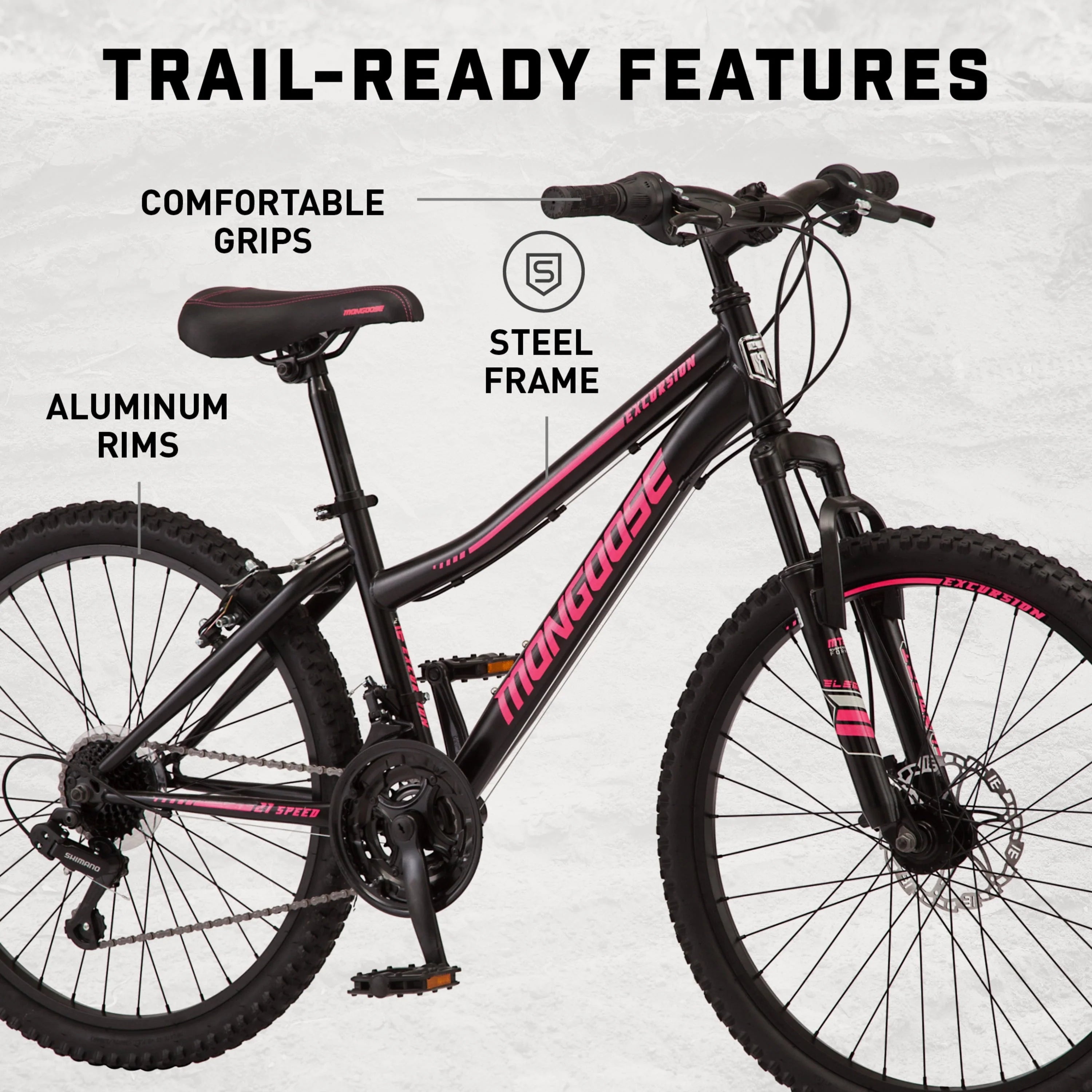 Mongoose 24 - In. Excursion Unisex Mountain Bike, Black, 21 Speeds
