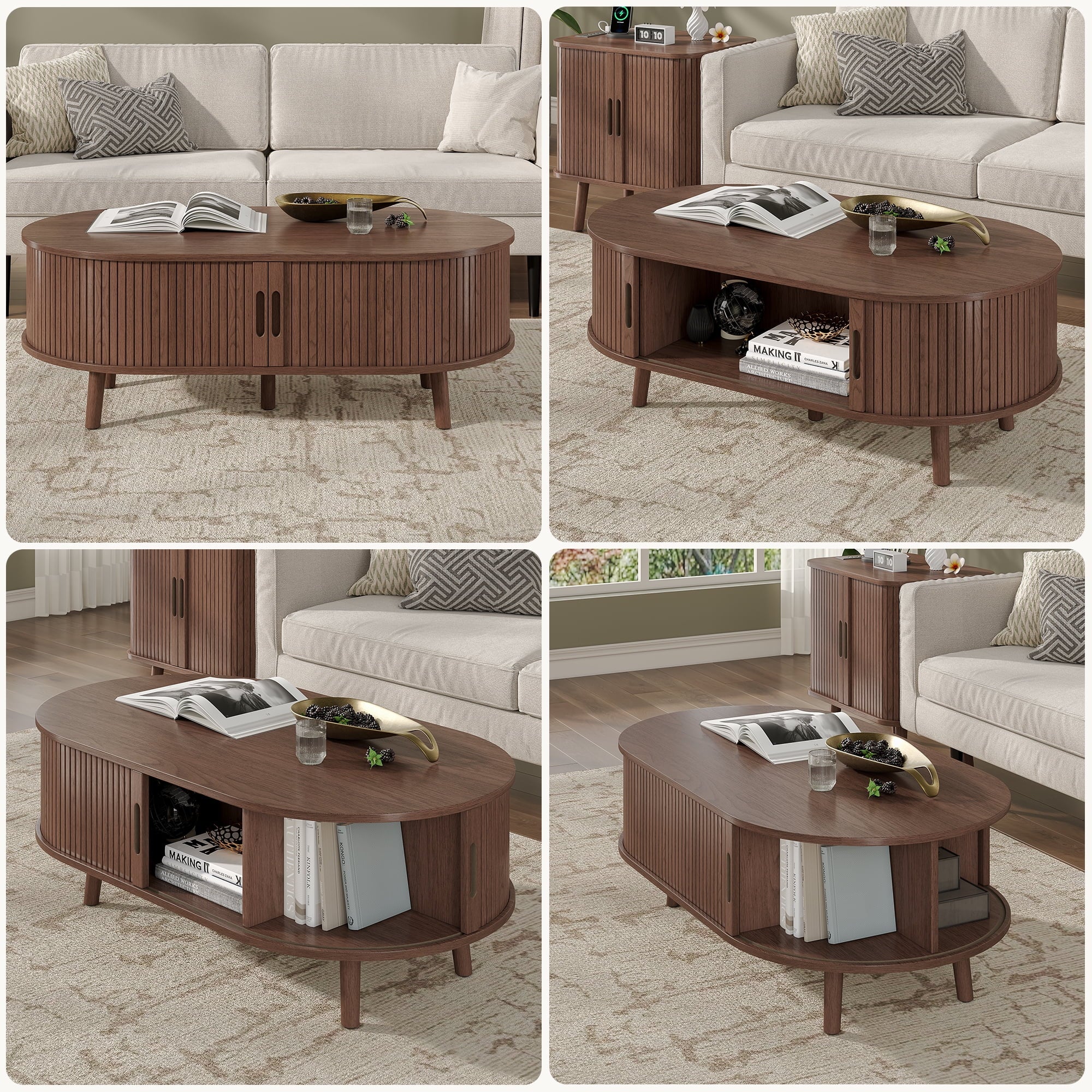 Oval Coffee Table, 42.5" Drum Coffee Table with Sliding Tambour Door, Fluted Accent Center Table with Storage, Mid Century Modern Coffee Table for Living Room, Center Table Walnut