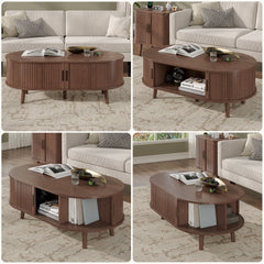 Oval Coffee Table, 42.5" Drum Coffee Table with Sliding Tambour Door, Fluted Accent Center Table with Storage, Mid Century Modern Coffee Table for Living Room, Center Table Walnut