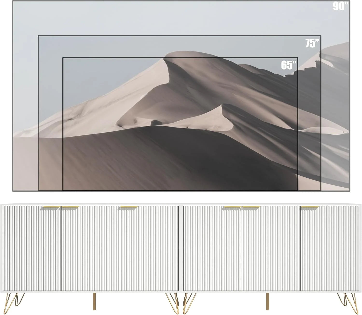 Fluted TV Stand for 100 in TV, Modern TV Stand Console, White Entertainment Center with Storage Cabinets, Adjustable Shelves & Gold Handles, Wood Media Cabinet for Living Room