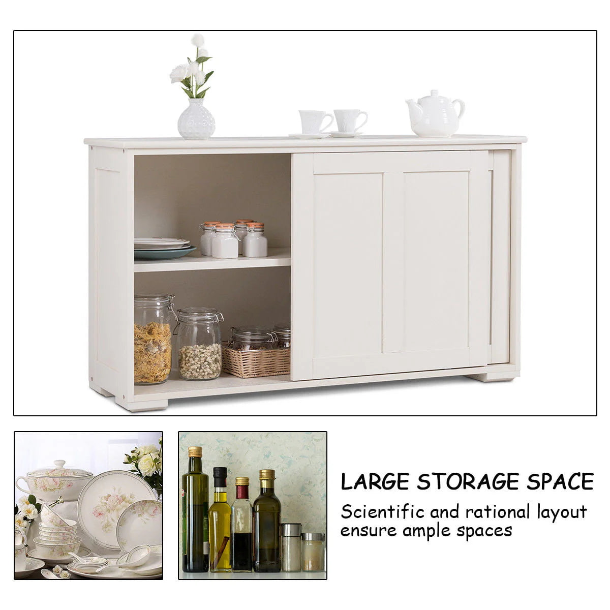 Costway Kitchen Storage Cabinet Sideboard Buffet Cupboard Wood Sliding Door Pantry Cream White