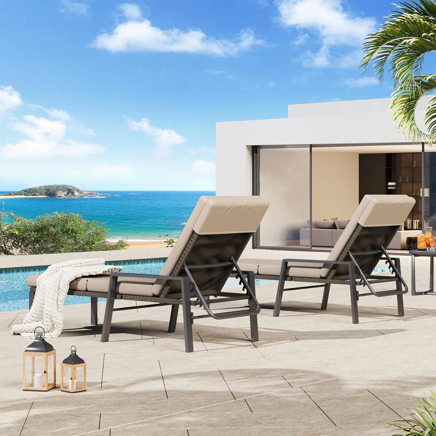 AECOJOY Chaise Lounge Chairs for Outside Set of 2, Adjustable Wicker PE Rattan Patio Pool Recliner Chair with Removable Cushion