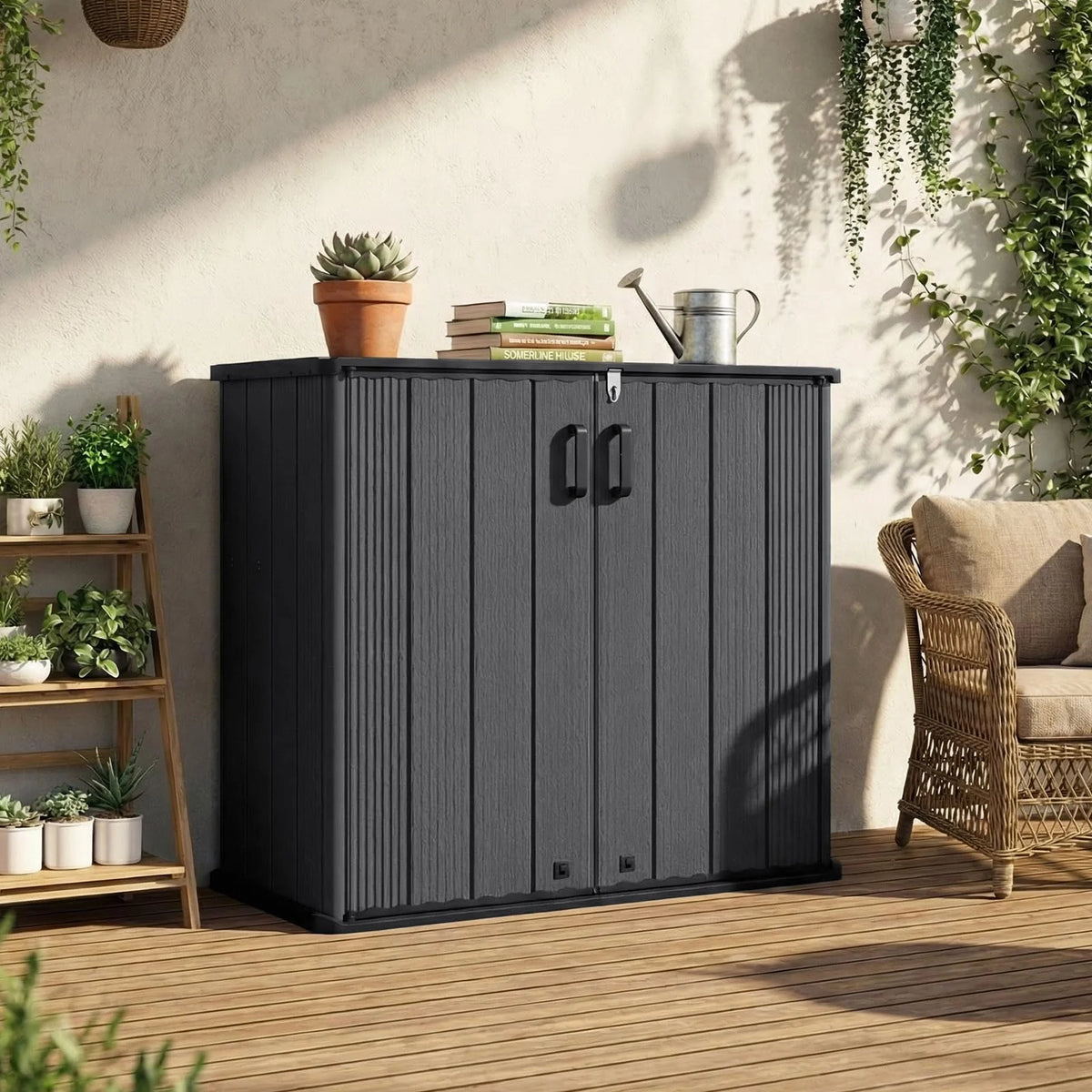 Tangkula 175 Gallon All-Weather Outdoor Storage Box with Lockable Door & Removable Shelf