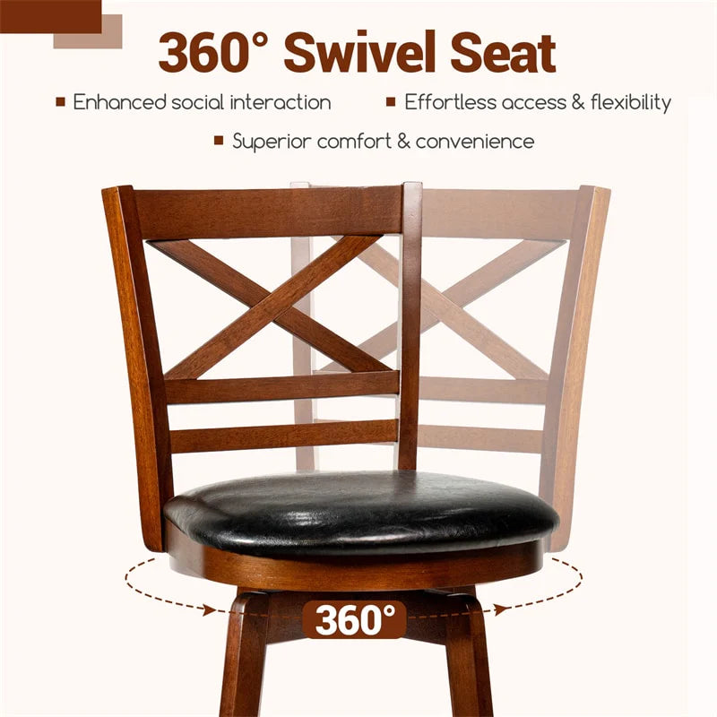 Set of 2 Swivel Counter Height Bar Stools, 25" Rubber Wood Barstools with High Back, Footrest & Faux Leather Upholstered Seat for Kitchen Island