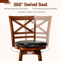 Set of 2 Swivel Counter Height Bar Stools, 25" Rubber Wood Barstools with High Back, Footrest & Faux Leather Upholstered Seat for Kitchen Island