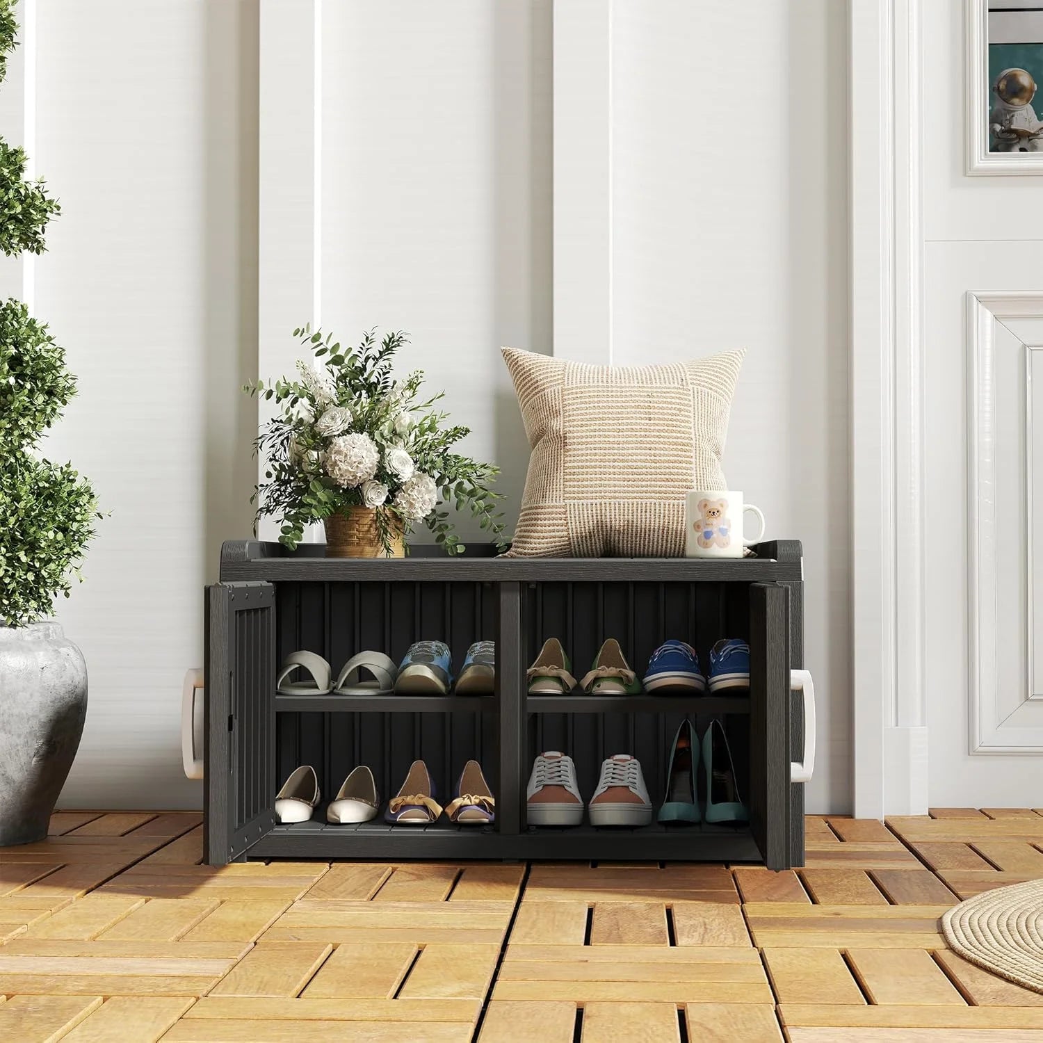 KAMABOKO Outdoor Shoe Storage Cabinet, Waterproof UV - Resistant Entryway Storage Bench Indoor Outdoor with 2 Barn Doors, Adjustable Shelves for Entryway, Bedroom, Hallway, Living Room(Black)