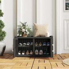 KAMABOKO Outdoor Shoe Storage Cabinet, Waterproof UV - Resistant Entryway Storage Bench Indoor Outdoor with 2 Barn Doors, Adjustable Shelves for Entryway, Bedroom, Hallway, Living Room(Black)