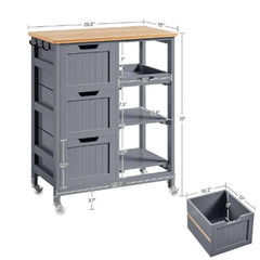 Kitchen Island Cart on Wheels with Storage, Rolling Bar Cart with Solid Wood Top and 3 Drawers, 3 Removable Shelves, Serving Utility Carts for Dining Room/Small Kitchen, Dark Gray ???