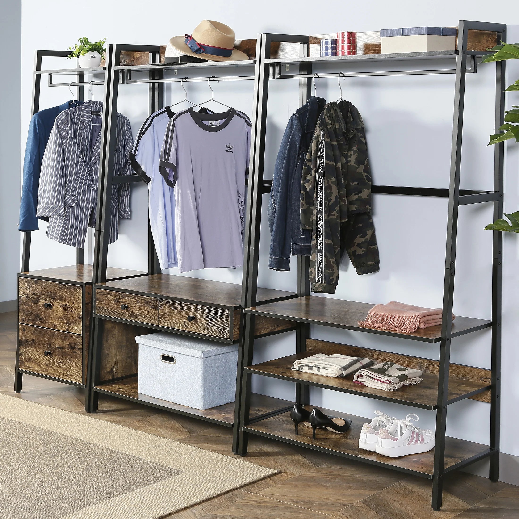 JJS 33" Entryway Coat Rack, Industrial Rustic Hall Tree Shoe Bench with Storage Drawers and Shelf for Hallway, Wood Look Accent Furniture with Metal Frame, Rustic Brown