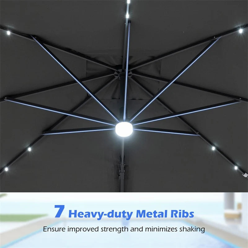 10 FT Cantilever Patio Umbrella with 32 Solar LED Lights, 360° Rotation & Easy Tilt, Square Outdoor Offset Hanging Umbrella with Cross Base