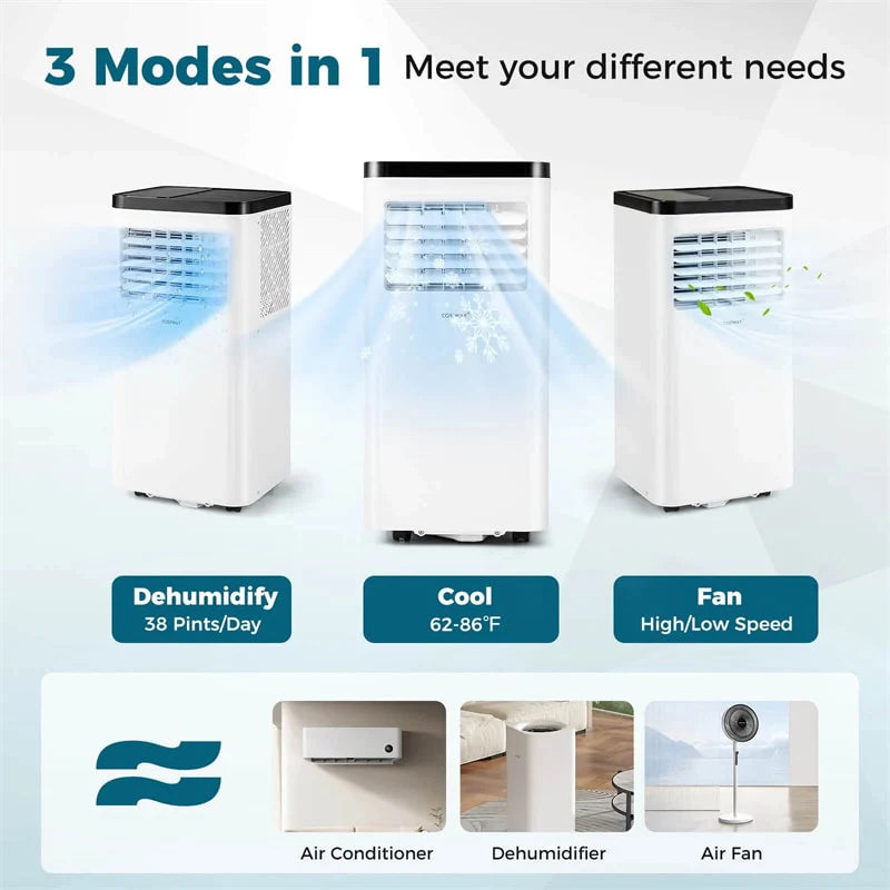 8000 BTU Portable Air Conditioner, 3-in-1 Floor AC Unit with Fan & Dehumidifier, Remote Control, 24H Timer, Window Kit for Rooms up to 350 Sq. Ft
