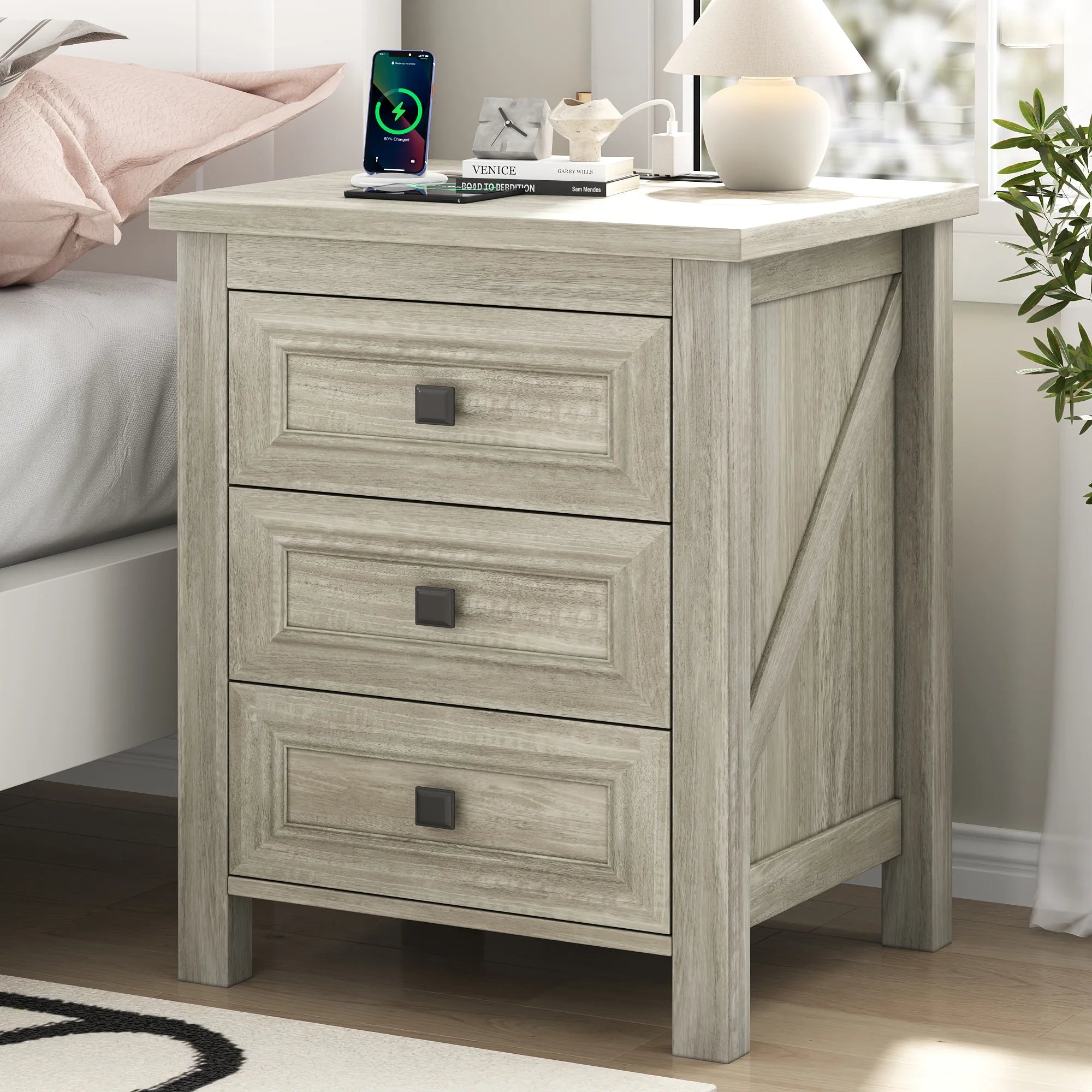 IDEALSOUL Nightstand, Bedside Table with Charging Station, Farmhouse 3 Drawer Nightstand Rustic Night Stand End Tables for Bedroom Living Room, Gray