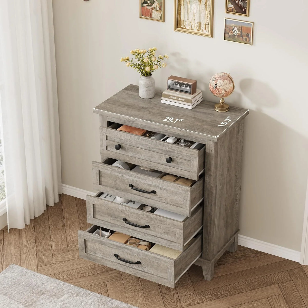 4 Drawer Dresser for Bedroom, 34.8" Tall Bedroom Dresser with Large Drawer& Black Handles, Wooden Storage Organizer Cabinet Chest of Drawer for Living Room, Hallway
