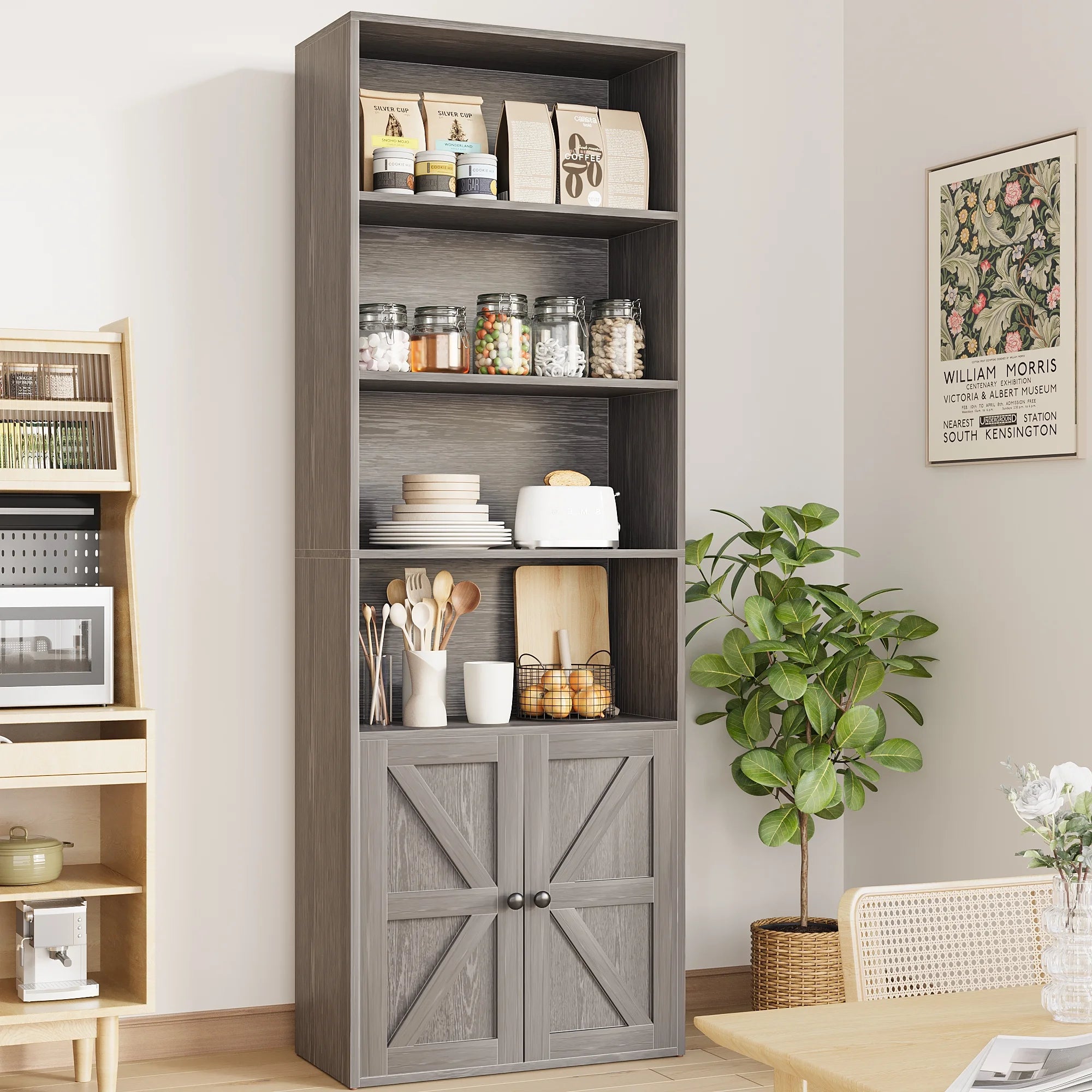 Furmax 1 Piece 4 - Shelf Farmhouse Bookcases 4 - Tier Bookshelf with Adjustable Shelves&Doors, Storage Cabinet for Home Living Room, Kitchen, Office, White