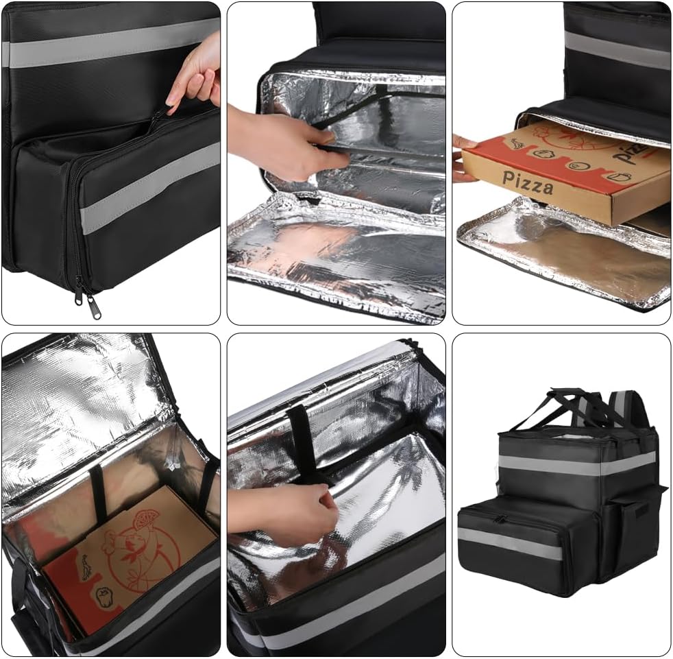 Large Insulated Food Delivery Bag, Expandable Cooler Backpack for Doordash Uber Eats, Reflective Strip Cup Holders, Reusable Pizza Carrier with Hand Straps, Bike Motorcycle Use