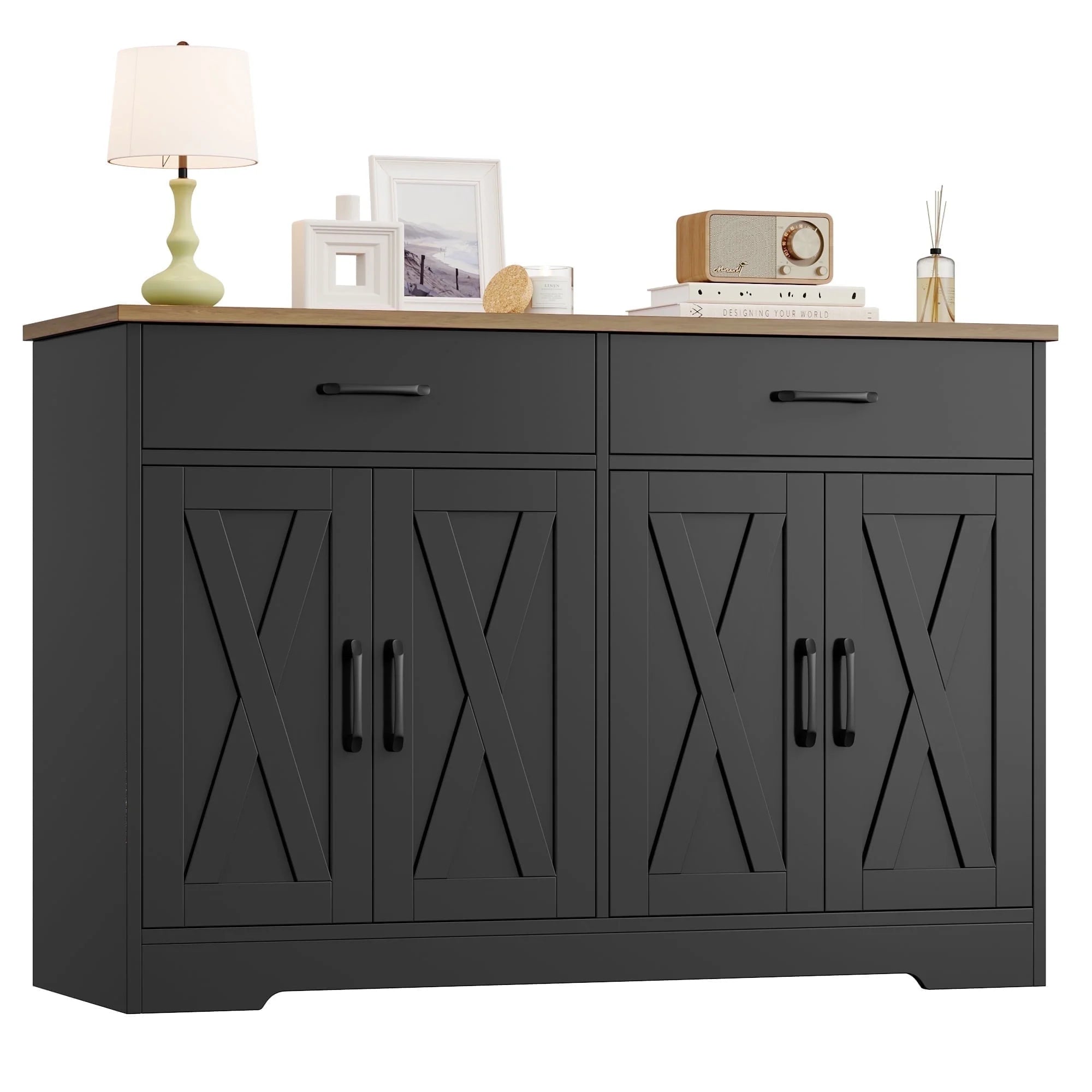 Hiphuta 47"farmhouse Sideboard Storage Cabinets with 4 Doors & 2 Drawers, Coffee Bar with Brown Top for Living Room, White