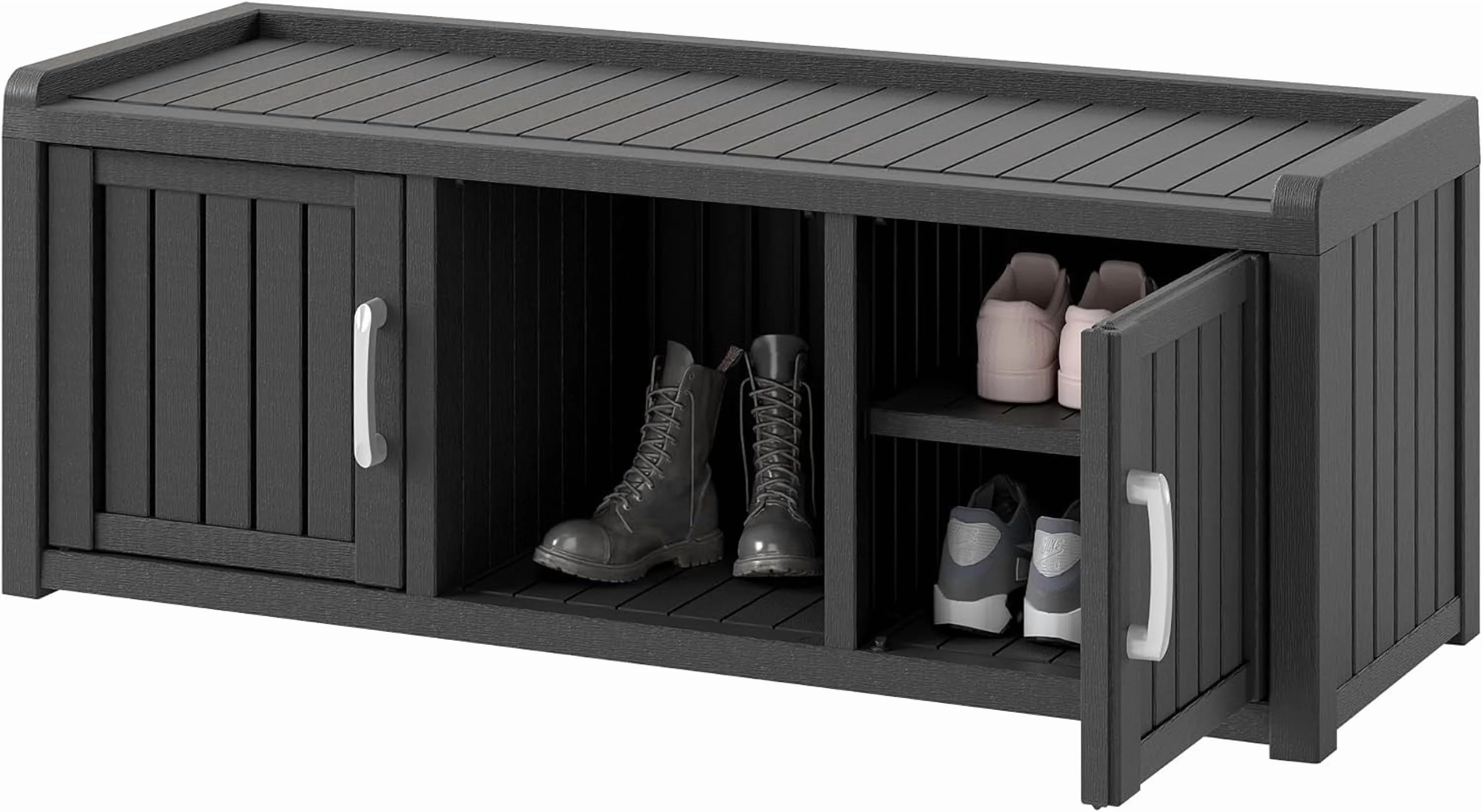 KAMABOKO Outdoor Shoe Storage Cabinet, Waterproof UV - Resistant Entryway Storage Bench Indoor Outdoor with 2 Barn Doors, Adjustable Shelves for Entryway, Bedroom, Hallway, Living Room(Black)