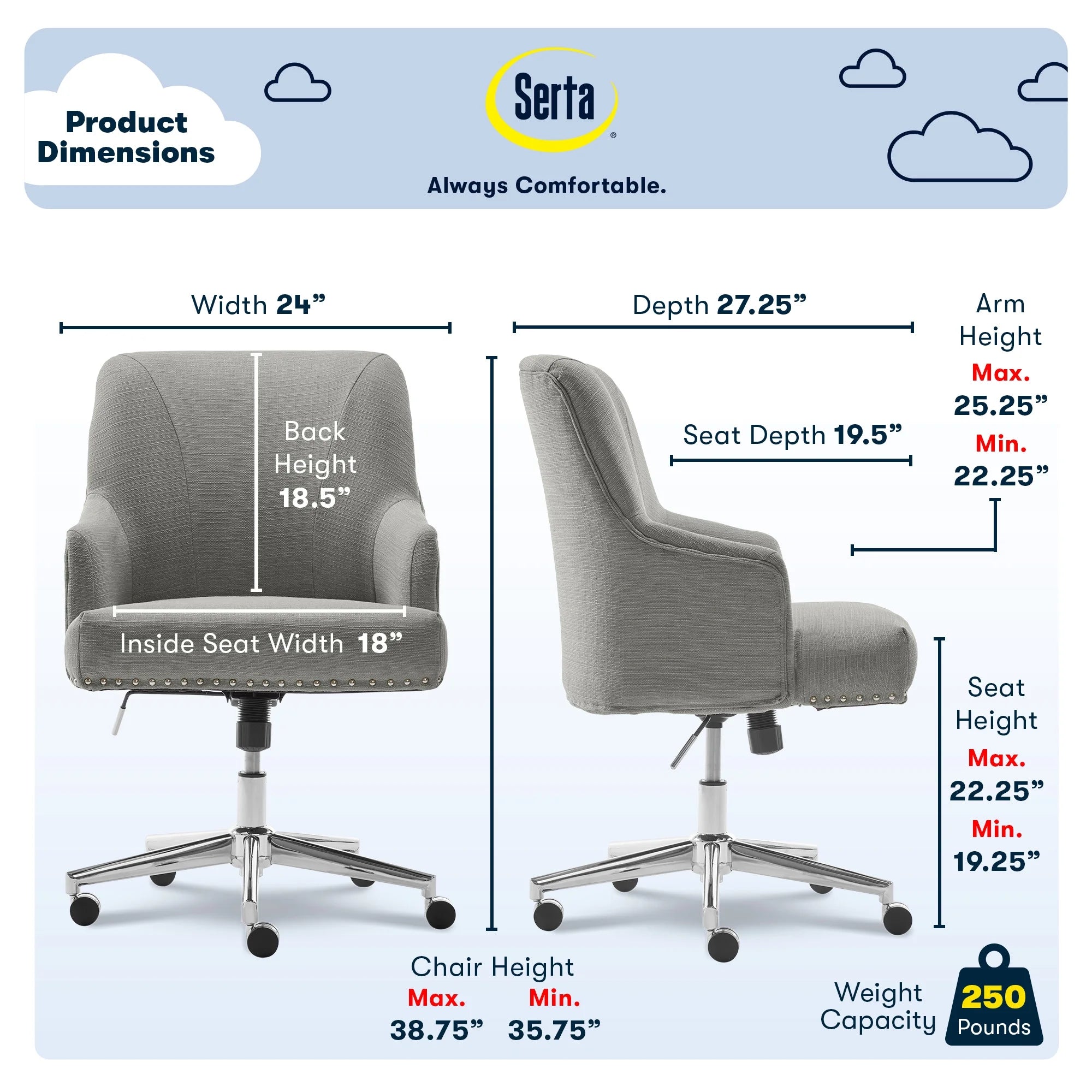 Serta Leighton Home Office Desk Chair Chrome Nailheads Twill Fabric Lilac Purple