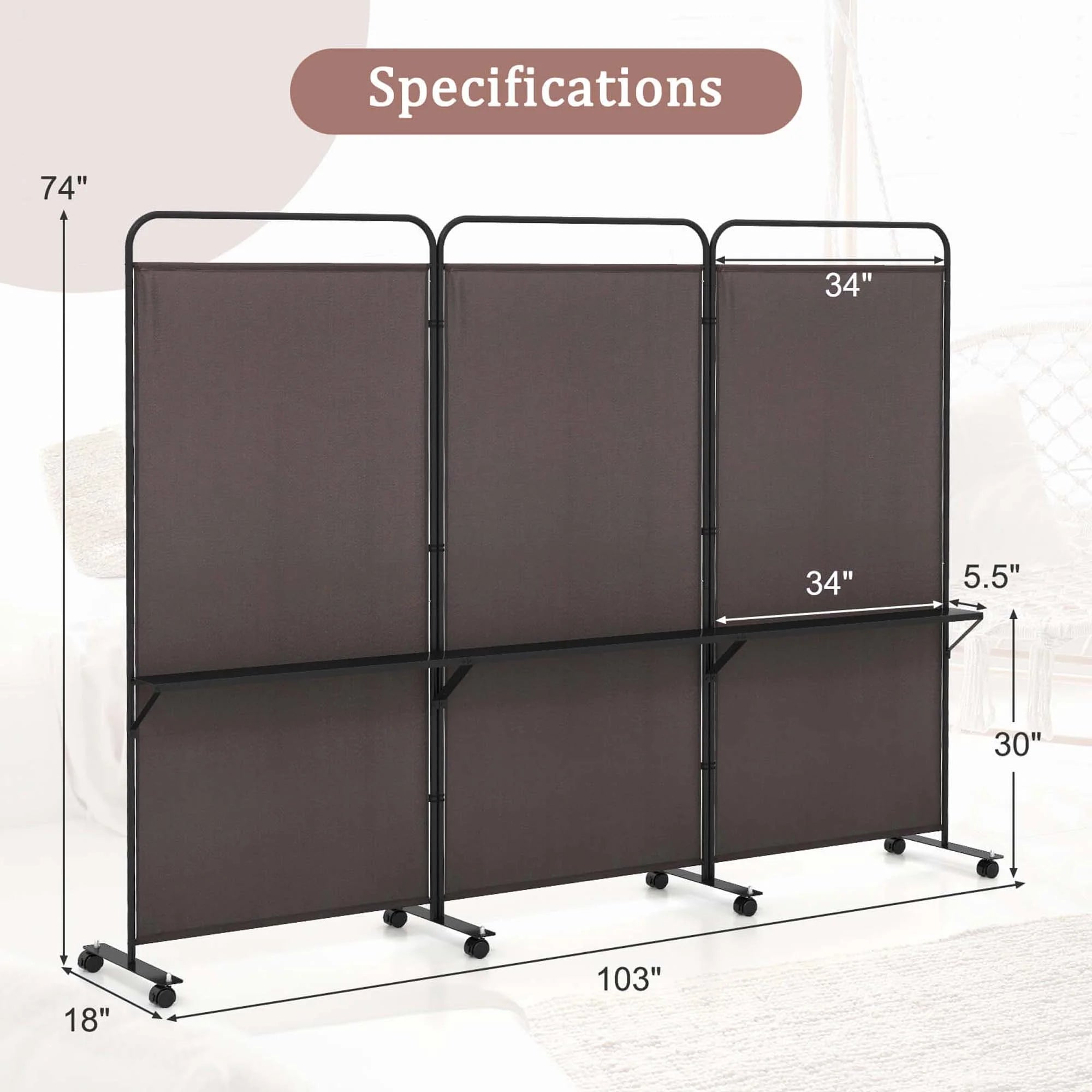 Costway 3 - Panel Room Divider with Storage Shelves 6FT Tall Folding Privacy Screen on Wheels Black