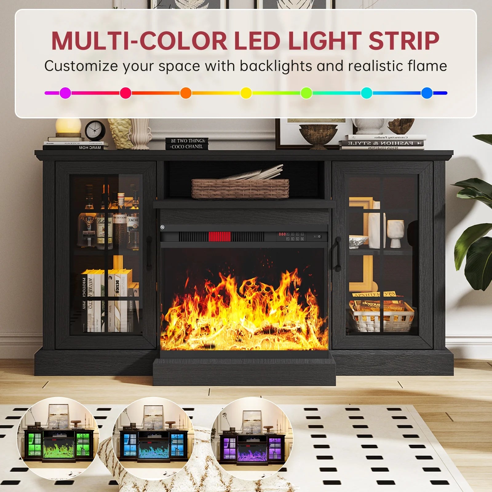 Easoger Fireplace TV Stand for Tvs up to 65", 12 Flame Colors&12 LED Light Colors, TV Console with 3-Sided Glass Fireplace, for Living Room, Gray
