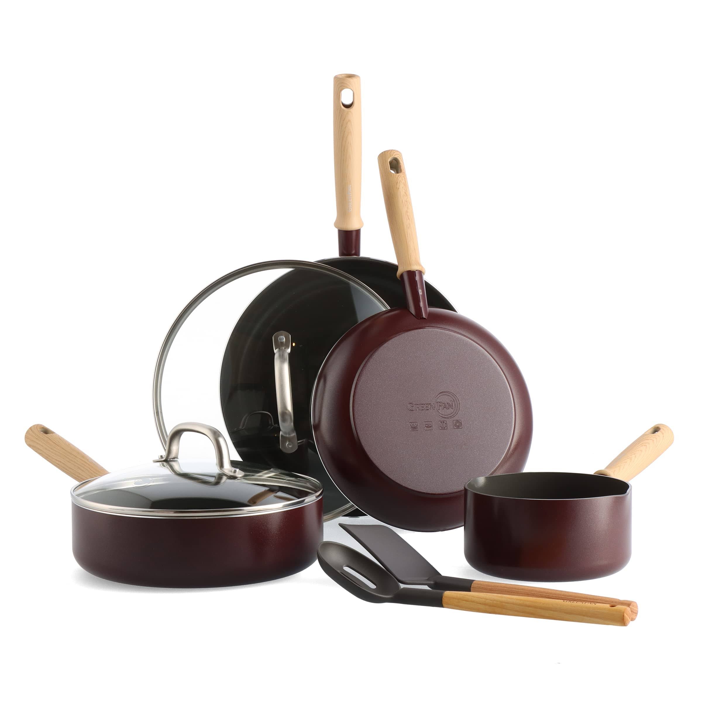 GreenPan Hudson Healthy Ceramic Nonstick, 8 Piece Cookware Pots and Pans Set, Wood Inspired Handle Merlot