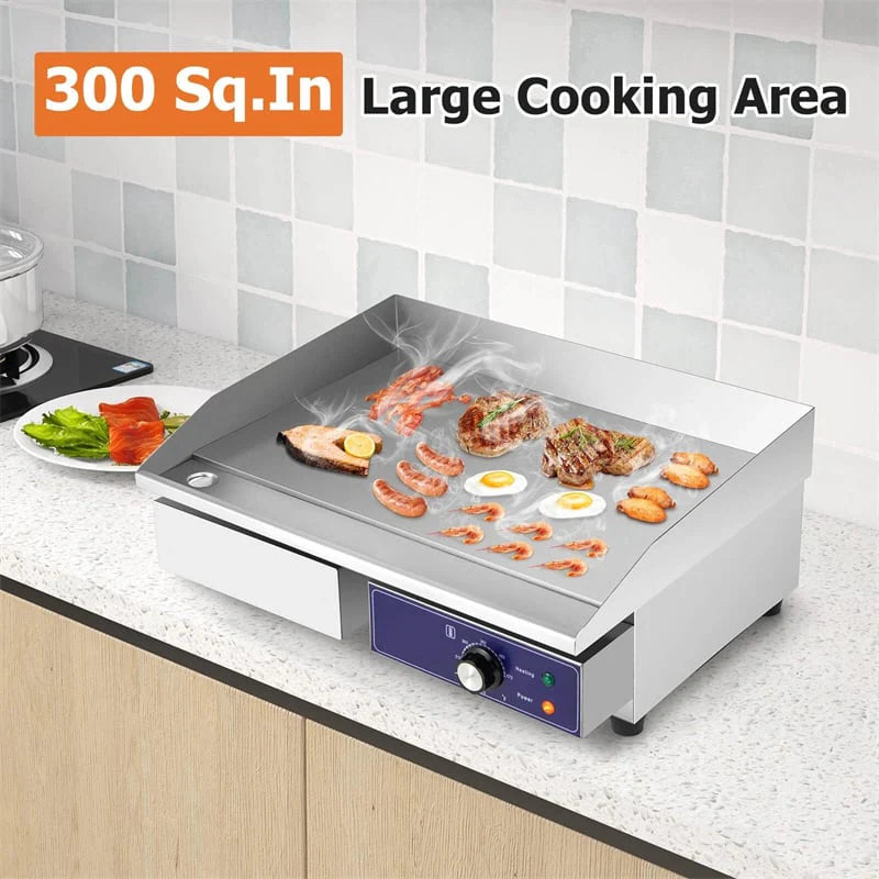 22" Commercial Electric Griddle 2000W, Stainless Steel Flat Top Grill w/ Cast Iron Plate & 122°F-572°F Adjustable Temp, Kitchen Countertop Teppanyaki