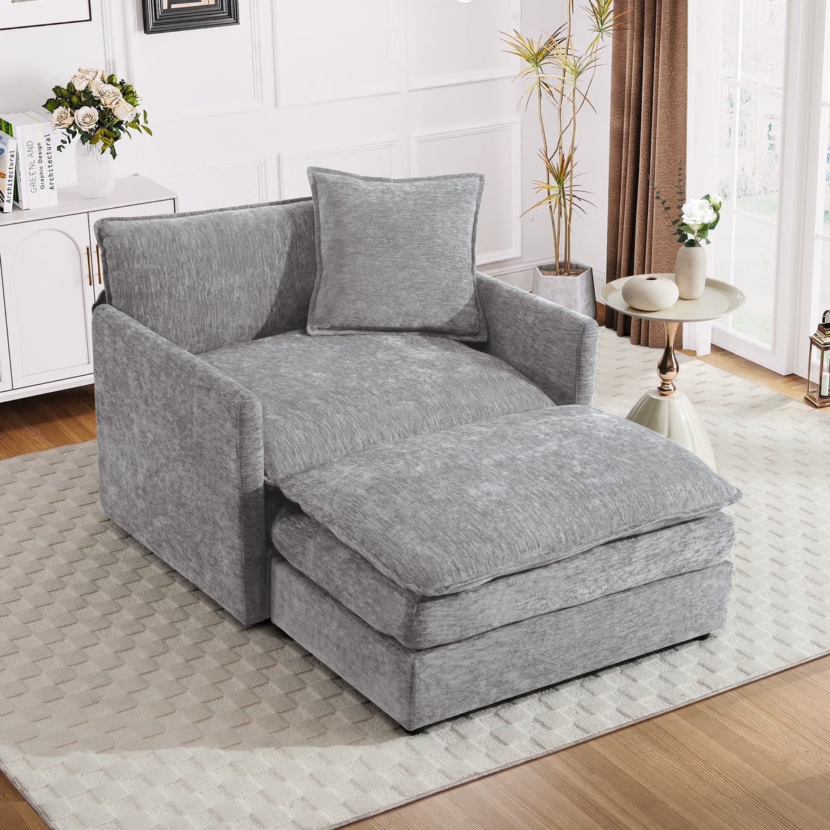 Muumblus Oversized Lounge Chair with Ottoman, Cloud Accent Armchair for Living Room, Beige Chenille