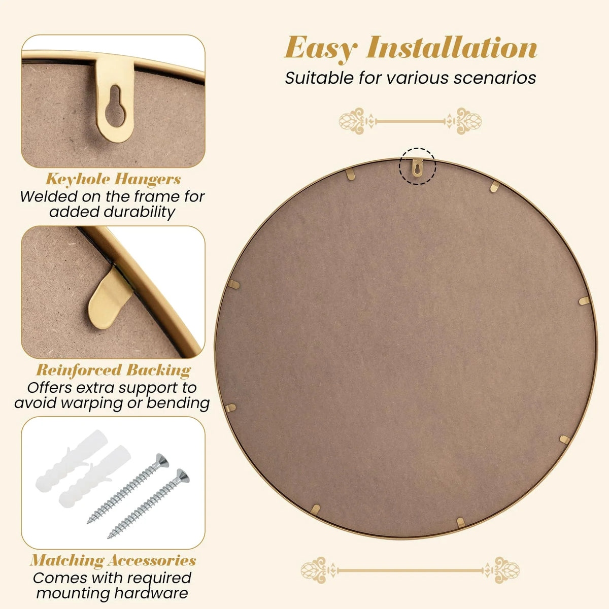 Tangkula 28" Gold Round Wall Mirror | Circle Decorative Modern with Beaded Frame for Living Room