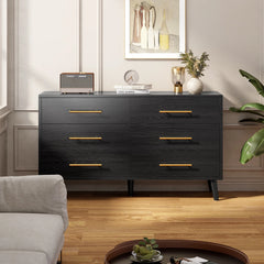 Noelse 3 Piece Bedroom Furniture Set, 6 Drawer Dresser with 2 Nightstands, Modern Wood Storage Organizer with Metal Handles for Bedroom, Living Room, Black