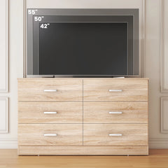 Winkalon 6 Drawer Oak Double Dresser, Wood Storage Cabinet with Easy Pull Out Handles for Living Room, Chest of Drawers for Bedroom
