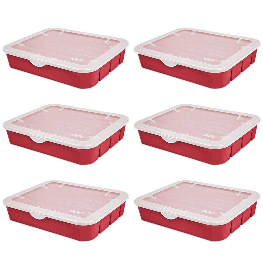 Sterilite 20 Compartment Adjustable Ornament Storage Box Red 6 Pack