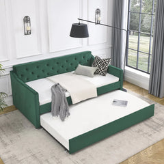 Twin Size Daybed with Trundle, Modern Button Tufted Linen Upholstered Sofa Day Bed Frame with A Roll - Out Trundle, Bedframe Furniture for Bedroom Living Room Guest Room, Green