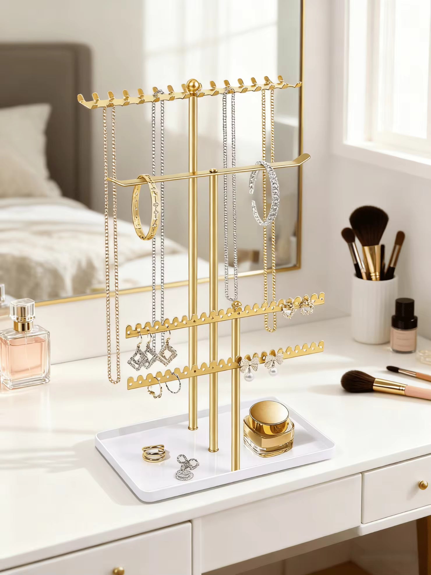 Jewelry Stand Holder Organizer,Necklace Holder Gold Jewelry Stand Displays With Hanging Storage For Necklace, Bracelet, Earrings, Rings