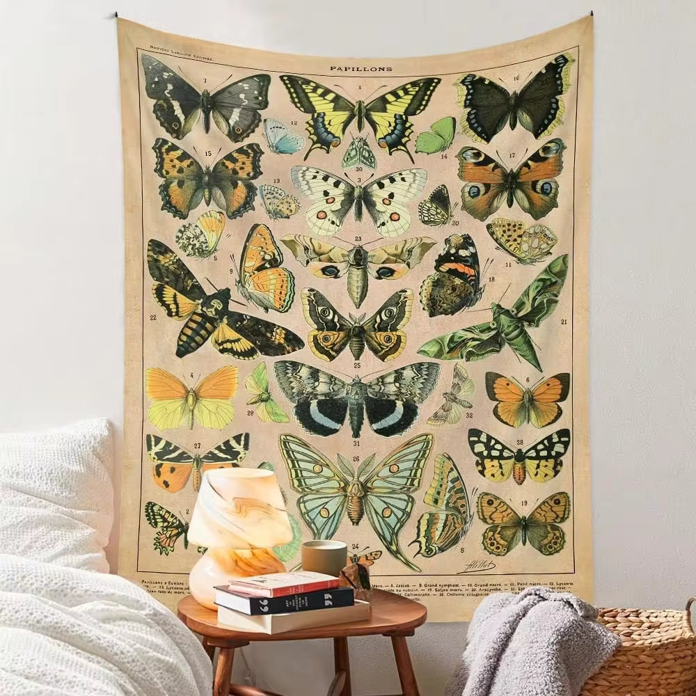 Vintage Butterfly Tapestry, Long Vertical Wall Hanging Reference Illustrative Botanical Tapestries For Bedroom Aesthetic Floral Tapistry Botanical Plants Tapestry Wall Hanging Cute Bedroom Decor(30x40inch/40x60inch/51x60inch/60x80inch)