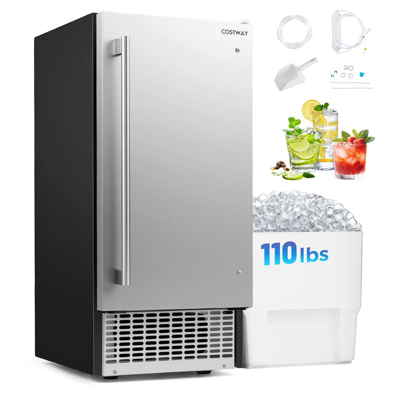 110 LBS/24H Commercial Ice Maker, 15" Built-in Undercounter Ice Machine with 25 LBS Storage & Reversible Door for Home Bar, Restaurant