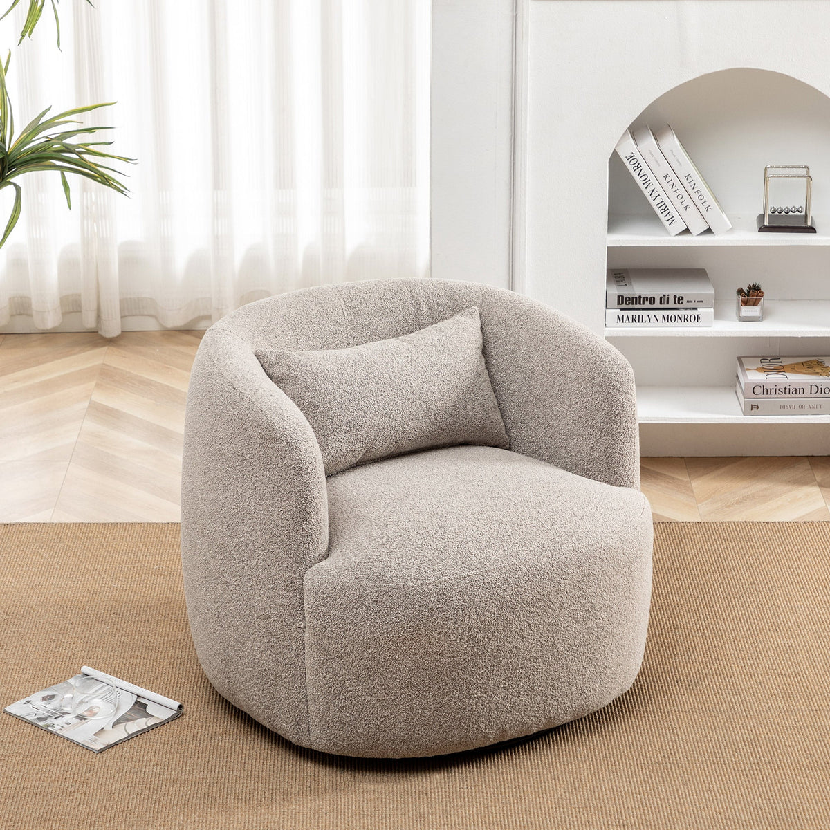 34" Wide Boucle Swivel Barrel Chair, No Assembly Round Upholstered Armchair Accent Chair Single Sofa Chair with Toss Pillow for Living Room and Bedroom, Taupe
