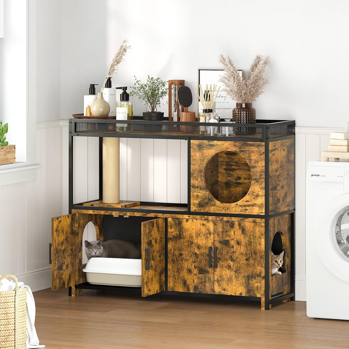AECOJOY Double Litter Box Enclosure, Wooden Cat Washroom Furniture Hidden with Storage & Doors for 2 Cats