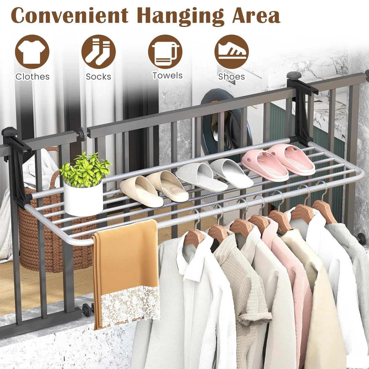 Tangkula Portable Clothes Drying Rack | Extendable Radiator Clothes Airer with Robust Aluminum Frame for Balcony Railings Windowsill