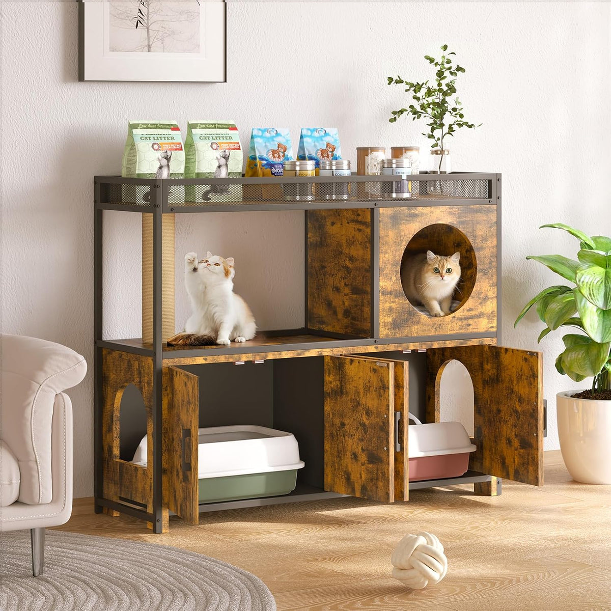 AECOJOY Double Litter Box Enclosure, Wooden Cat Washroom Furniture Hidden with Storage & Doors for 2 Cats
