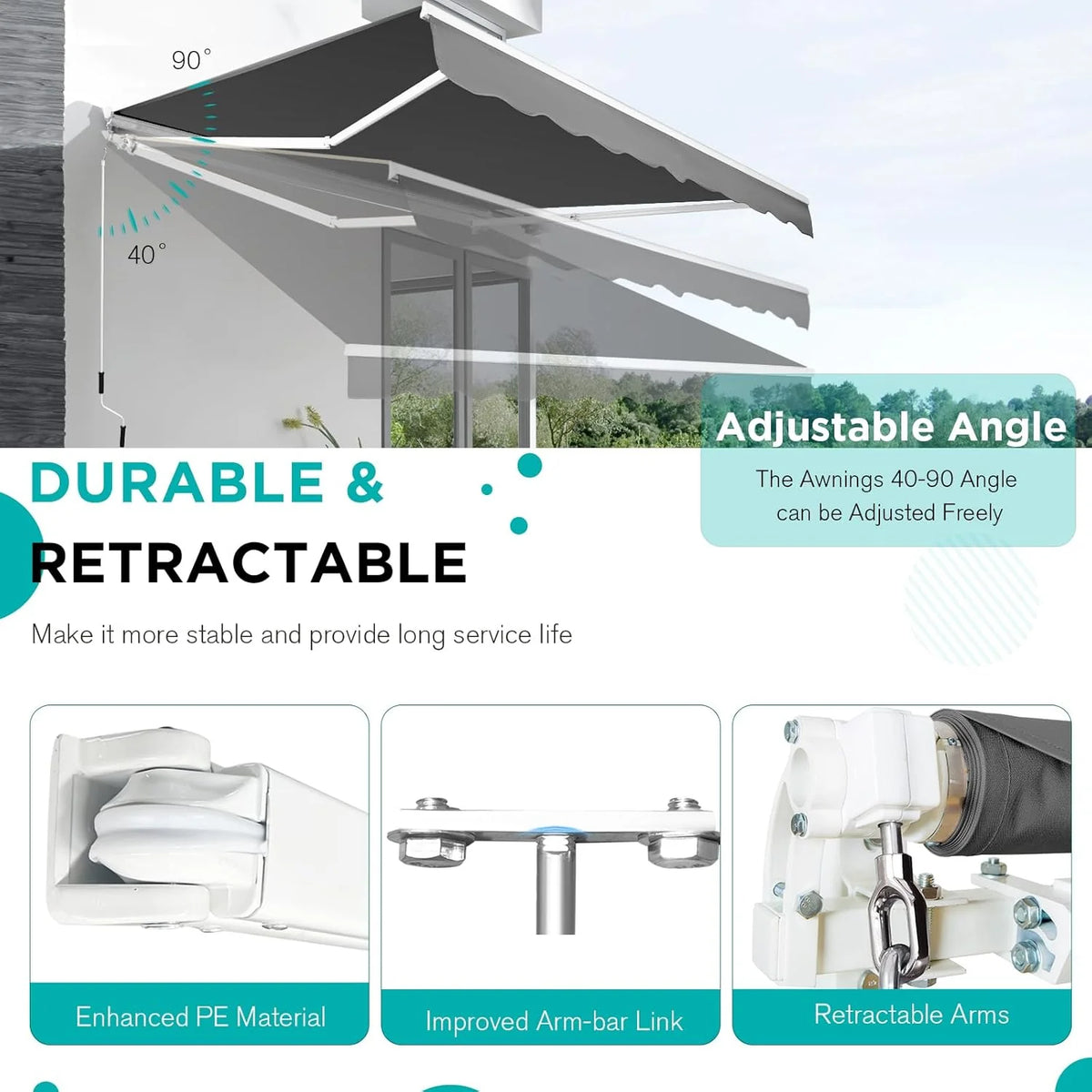 AECOJOY 12'x10' Manual Retractable Awning Sun Shade, Patio Awning Canopy