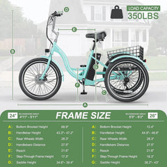 MOONCOOL Electric Tricycle, 350W 36V 24 in 7 Speeds 3 Wheels Electric Bikes for Adults, Motorized Electric Trike Three Wheel Electric Bicycle
